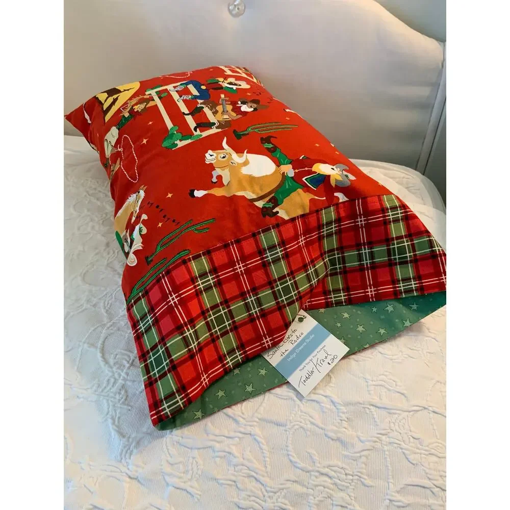 Santa Goes to the Rodeo Toddler Pillowcase, Handmade Designer Cotton